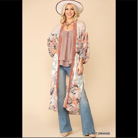 Other - Floral print and crochet soft lace maxi kimono